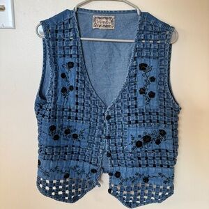 Vintage Embroidered Denim Vest with Floral Design